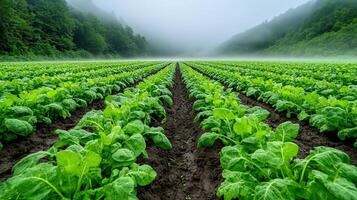 Lush Green Vegetables Growing in Misty Field at Dawn photo