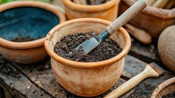 Clay Pot with Fresh Soil and Gardening Tool on Wooden Surface photo