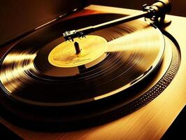 Spinning vinyl record on a turntable in warm light photo