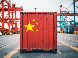 Container at a bustling shipping port with cranes in view photo