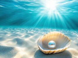 Underwater scene with a shell and pearl illuminated by sunlight photo