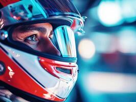Close-up of a race car driver preparing for a race at the track photo