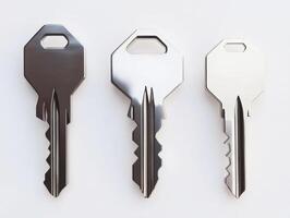 Different styles of keys on a flat white surface showing details photo