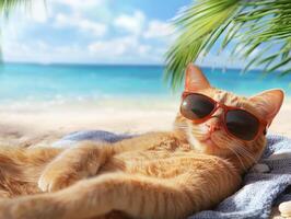Relaxing cat in sunglasses enjoying a sunny beach day photo
