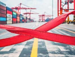 Shipping containers are restricted by red tape at busy port photo