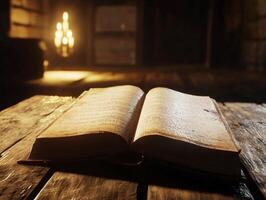 Open book resting on wooden table in dimly lit library photo