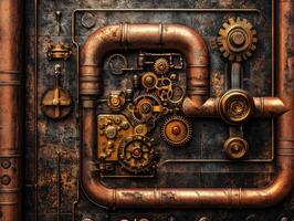 Rusty gears and pipes display intricate steampunk design photo