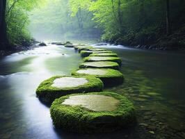 Moss-covered stones create a serene pathway across a gentle stream photo