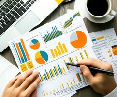 Analyzing business reports with charts and graphs at a desk photo