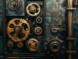 Intricate arrangement of vintage gears on a weathered machine photo