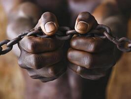 Hands gripping heavy chains in a display of oppression and struggle photo