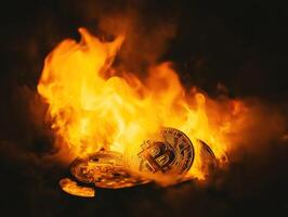 Bitcoin coins engulfed in flames creating a dramatic effect photo