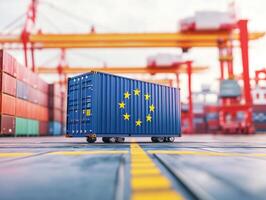 Shipping container with European Union flag at busy port photo