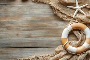 Nautical decor with a lifebuoy and starfish on wooden surface photo