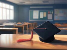 Graduation cap rests on desk in empty classroom during day photo