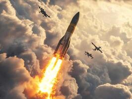 Rocket launching amidst aircraft in dramatic cloudscape photo