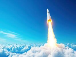 Rocket launches into the sky creating a trail of smoke photo