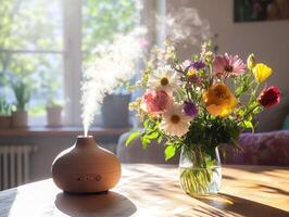 Relaxing atmosphere with essential oil diffuser and fresh flowers photo