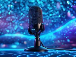 Modern microphone with vibrant background during recording session photo