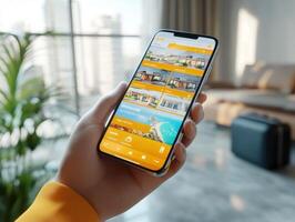 User uses a travel app on a smartphone in a modern setting photo