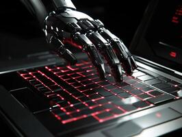 Robotic hand typing on a futuristic keyboard with red lighting photo