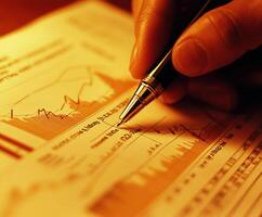 Analyzing financial charts with attention to detail in a dim setting photo