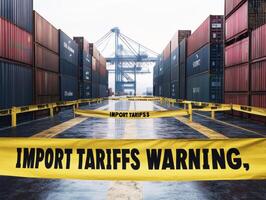 Warning sign at shipping port with cargo containers and cranes photo