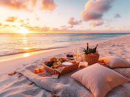 Sunset picnic on a quiet beach with fruits and drinks photo