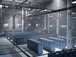 Low light data center running advanced AI models and neural network processes on enterprise scale. Server hub supercomputers handling high volume datasets and storage, 3D rendering photo