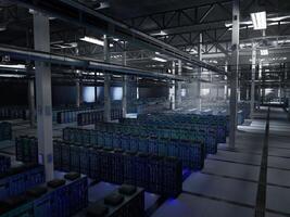 Server cabinets in data center maintaining large scale AI datasets, workflows and model testing. Supercomputers in server farm executing continuous learning and inference, 3D animation. photo