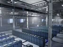 Data facility storing massive datasets used in AI simulations, prediction systems and model inference. High-performance hardware enabling computation at scale, jib down view. photo
