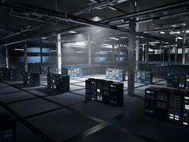 Encrypted cloud servers supporting blockchain tasks, crypto mining and decentralized applications. Clusters managing transactional data and processing requests, 3D rendering photo