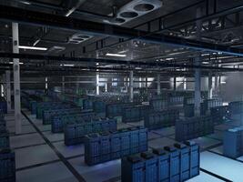 Dimly lit facility running deep learning platforms and neural networks training in dark environment. Server systems handling massive datasets for machine learning, 3D rendering photo
