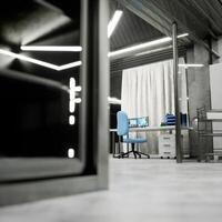 Smart medical lab workstation in background with digital apps on computer screen and research equipment. Modern clinical lab interior with metal cabinet and bright lights in sterile setting, 3D render photo