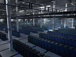 Dimly lit data center facility supercomputers operating predictive analytics platforms and big data systems. Server farm mainframes storing sensitive data for analysis, 3D rendering photo