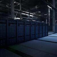 Modern server facility operating advanced AI tasks, doing model inference for real time data analysis. Central systems storing and processing large training datasets, 3D rendering photo