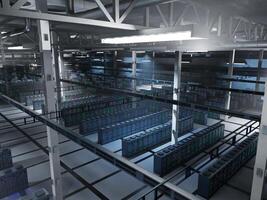 High tech facility blockchain infrastructure processing crypto data streams and transaction models. Server racks managing deep learning computing for decentralized systems, 3D rendering photo