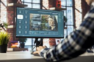 Man sitting at PC using software processing text input, generating frames and saving output as files. Person uses website for GPT text analysis, transforming text into photo