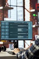 Person seated at desk communicating with AI LLM chatbot software in modern home office. Close up of large language model program interface on computer screen in bright apartment photo