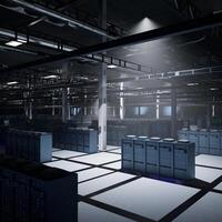 Light shining over blade server racks in dark server room supplying compute power for AI data processing. Deep learning arrays managing training datasets and inference workloads, 3D rendering photo
