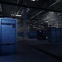 Server clusters enabling AI model development through scalable computing and data intensive operations. Supercomputers maintaining storage for machine learning, 3D render photo