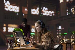 Young girl listening to an educational documentary on her laptop and taking notes, using modern non conventional way to study in the quietness of university library. Student collects academic data. photo