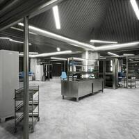 High tech laboratory interior with clean surfaces, bright lights and structured layout designed for scientific innovation. Modern industrial research lab with metal tables, storage racks photo