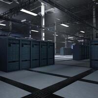 Data center hardware delivering computing power for AI training models and deep learning processes. Rackmounts equipment in dark server farm storing machine learning datasets photo