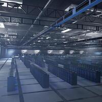 Enterprise server hardware delivering computing capacity for AI, automation tools and neural training. Supercomputers archiving deep learning datasets at scale, aerial shot. photo
