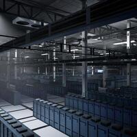 Infrastructure in dark server center supporting large scale analytics, simulations and predictive systems. Server racks storing valuable data assets used in machine learning, 3D rendering photo