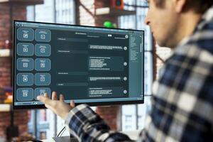 Worker in home office using AI LLM chatbot designed to understand human language. Close up of employee getting help from AI chatbot trained on data enabling him to perform complex tasks photo