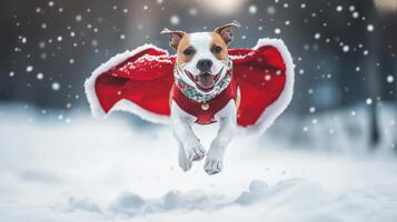 Festive canine hero leaping through snowy landscape. photo