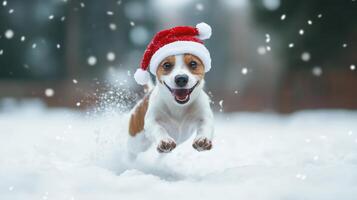 Festive dog leaping through snowy landscape. photo