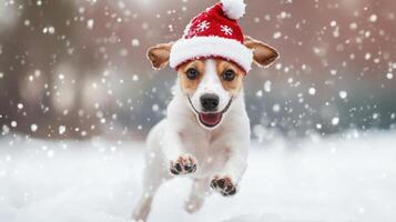 Playful puppy in a holiday hat leaping through winter snow. photo